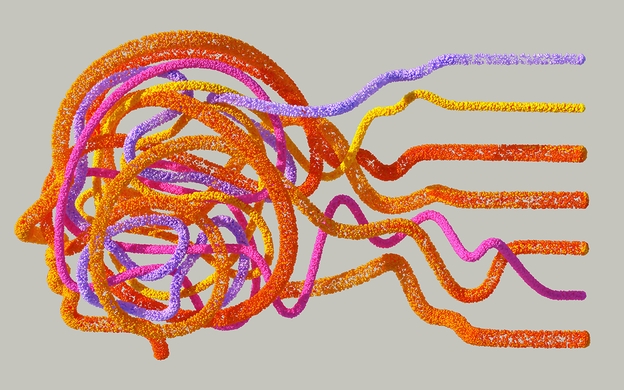 Differently colored tubes made up of small spheres form the shape of a human head on the left and unravel by color to the right.