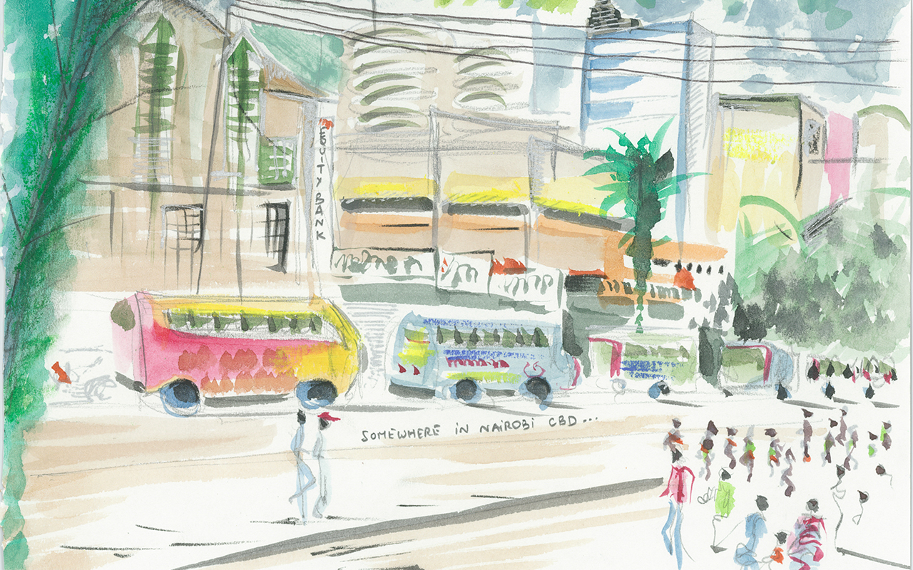 Multi-story buildings in the back, large buses parked alongside the road, and pedestrians making their way across the street.