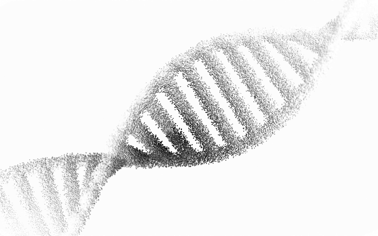 Artistic rendering of DNA double helix made up of small computer-generated orbs.