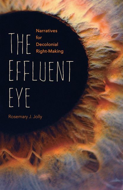 Extreme close-up of a human eye with blue iris and gold at edge of pupil. The title and author within pupil.
