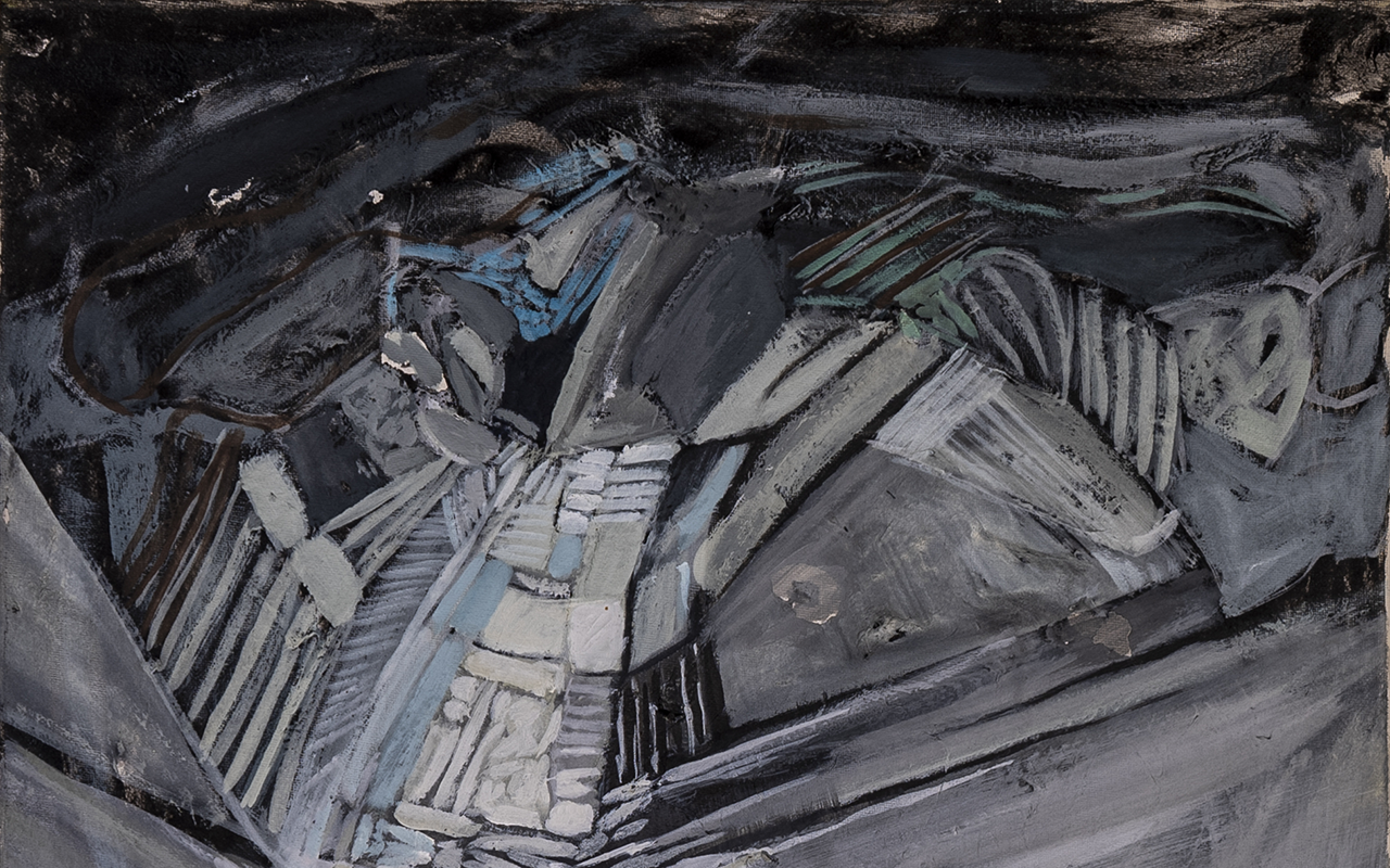 Abstract charcoal painting with various hues of gray, often dark, interspersed with white and light blue.