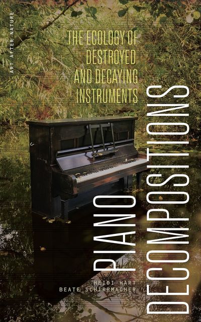 Dense marshland with trees overlooking a waterway; at center an upright piano stands in the water. Faint music staff lines top to bottom.