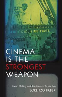 Superimposed images of Mussolini looking through a camera and giving a speech in front of a banner displaying the book title in the original Italian.
