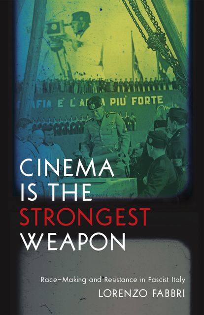 Superimposed images of Mussolini looking through a camera and giving a speech in front of a banner displaying the book title in the original Italian.