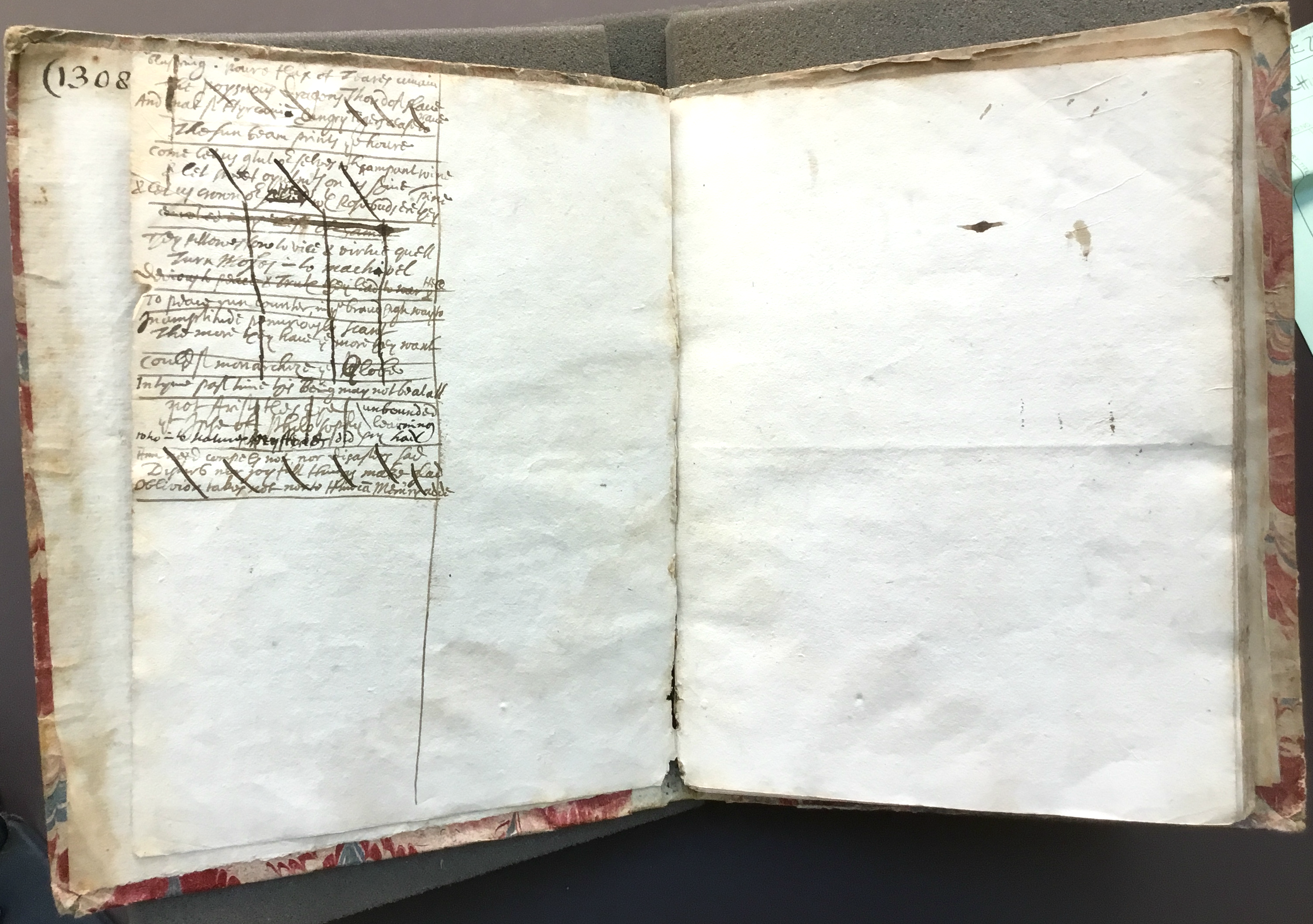 Edward Benlowes editing some lines of verse on an endpaper of his schoolboy exercise book.
