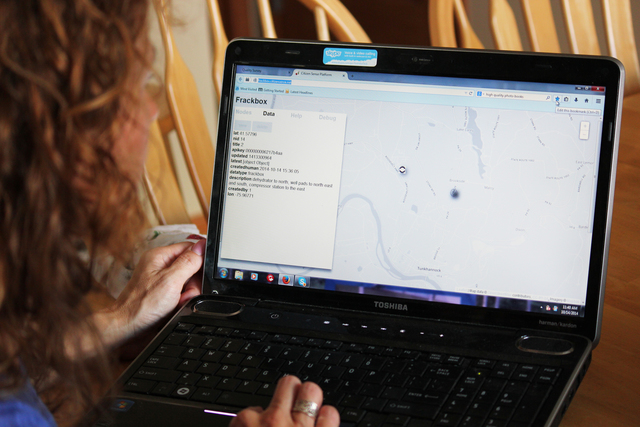 A browser open to frackbox.citizensense.net showing a map of the area around Tunkhannock with a modal window displying metatdata for a sensor.