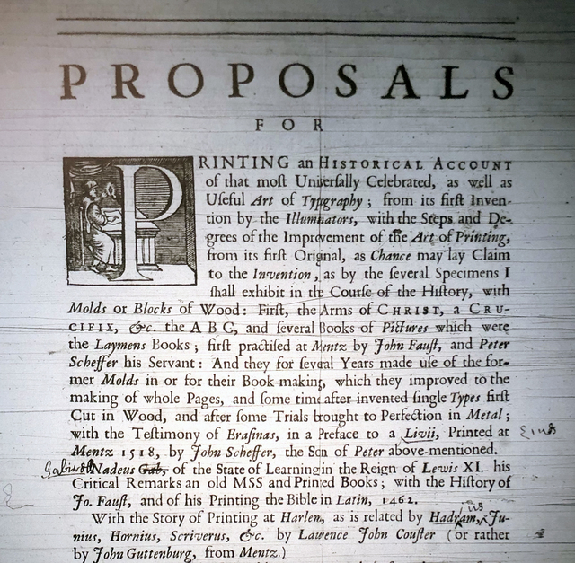 Photograph of a second printed draft of John Bagford's proposal, with his manuscript corrections