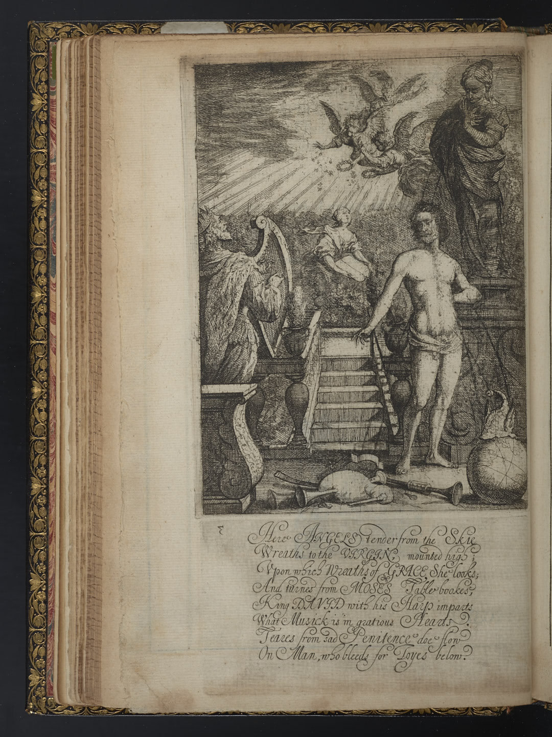 Photograph of etching for Canto 3, showing King David playing his harp while Theophila holds the tables of Moses and sings heavenward.